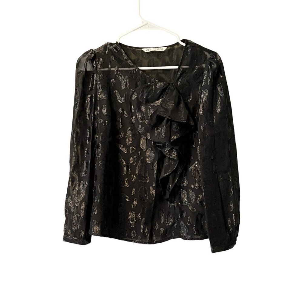 Zara Women XS Black Sheer‎ Long Sleeve Embroidered Top Blouse Ruffle Front